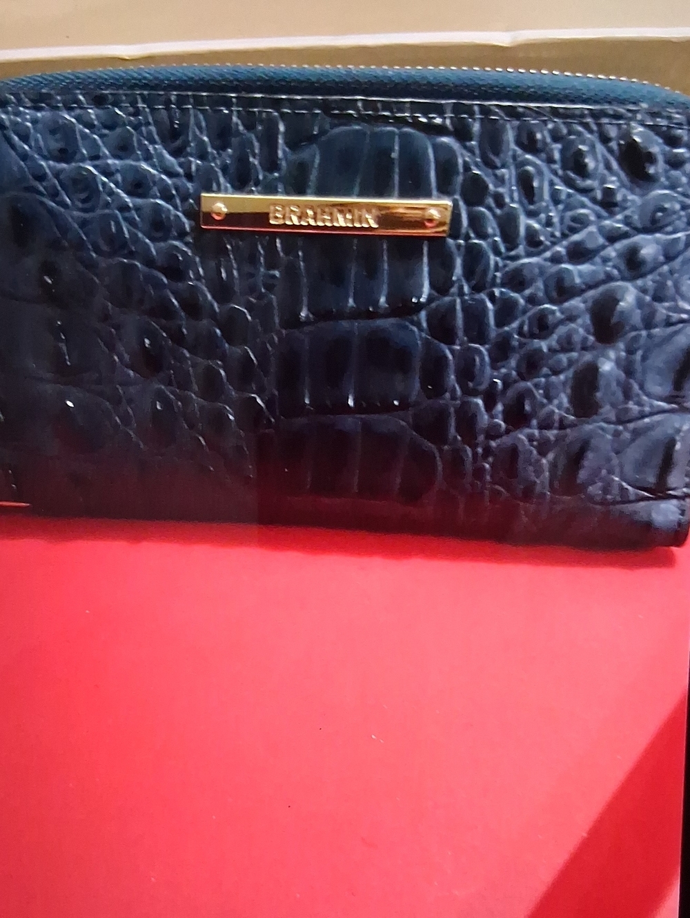 Brahmin Navy Croc-Embossed Zip Wallet with Gold Plaque